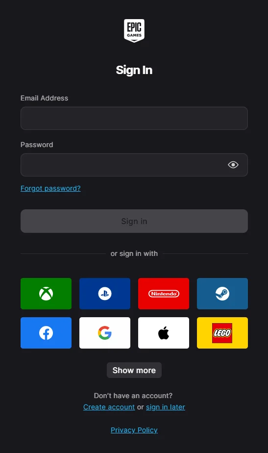 Epic Games Launcherのサインイン画面