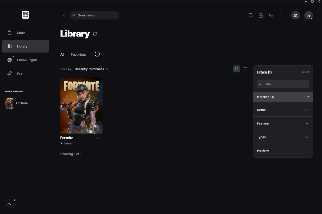 Epic Games Launcherのライブラリからゲームを選択する画面