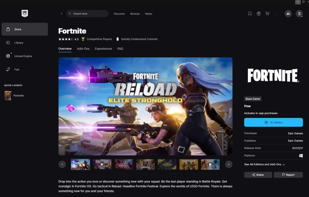 Epic Games Storeのフォートナイト入手ボタン