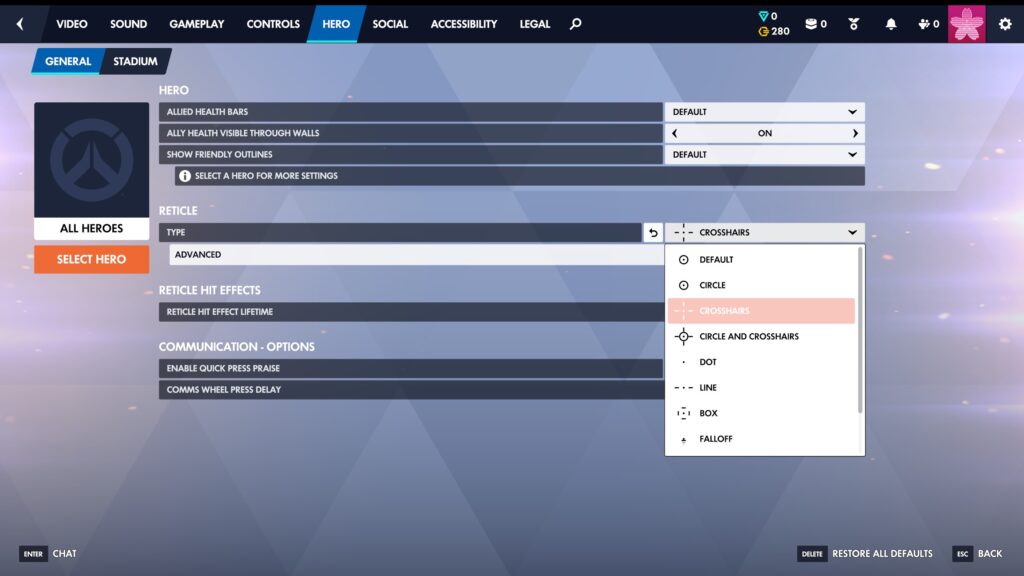 OWレティクルのタイプ画面