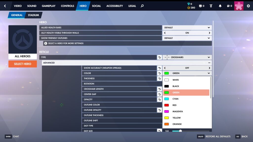 OWレティクル色選択画面