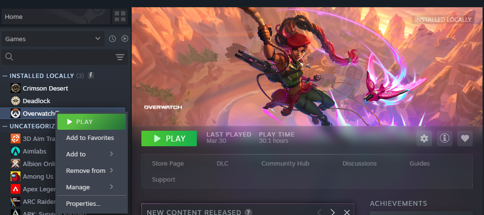 SteamライブラリでOverwatchのプロパティを開く